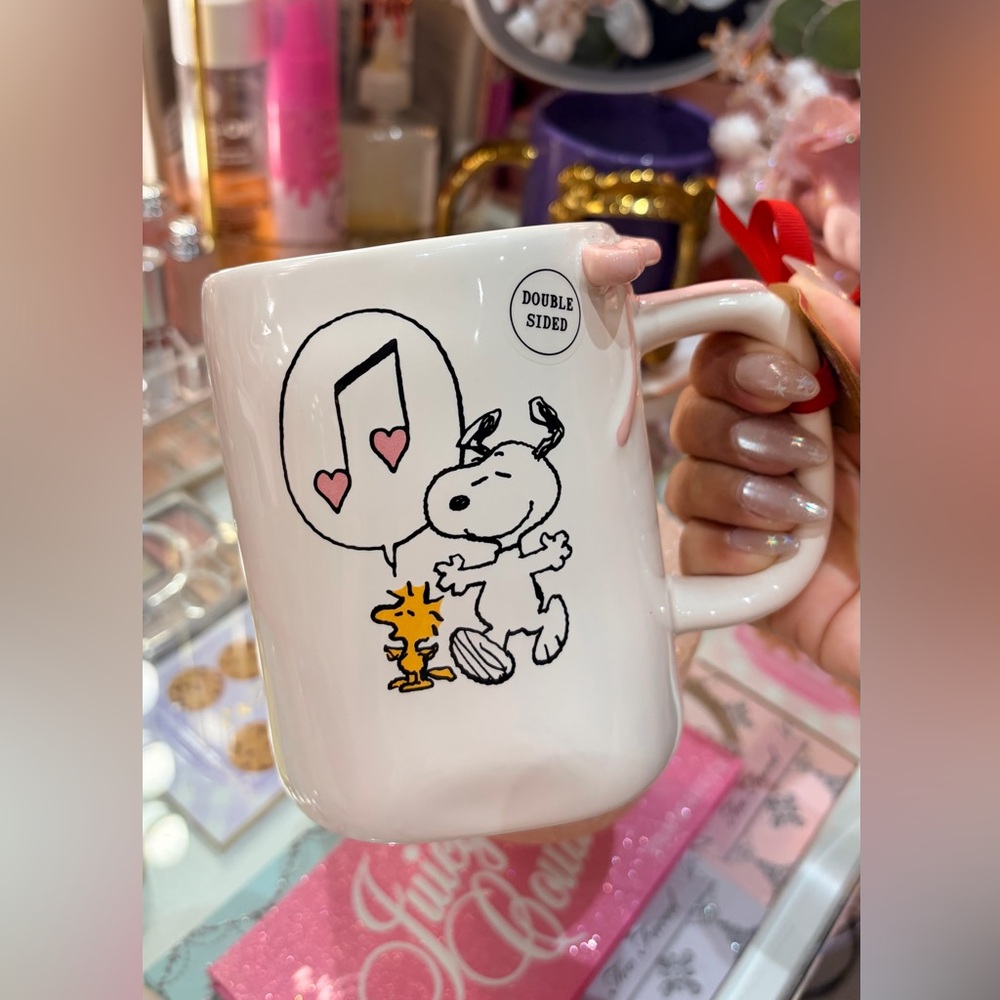 New Rae Dunn Peanuts Mug with Snoopy and Woodstock in Pink